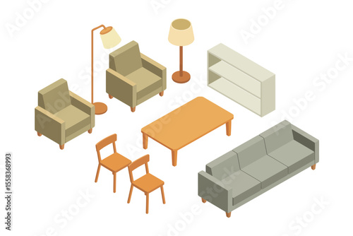 Isometric View of Modern Living Room Furniture Set