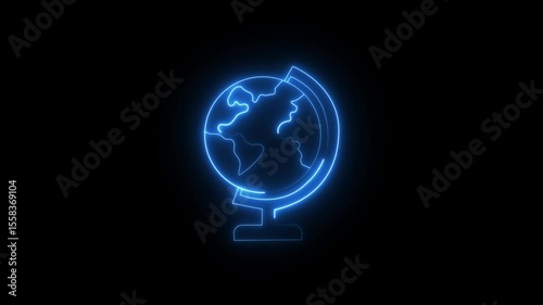 Glowing Neon Earth Globe icon animation. neon global texture icon isolated . Digital Earth Concept, Global Connectivity, International Business, Technology  on Black Background 4k motion video .
