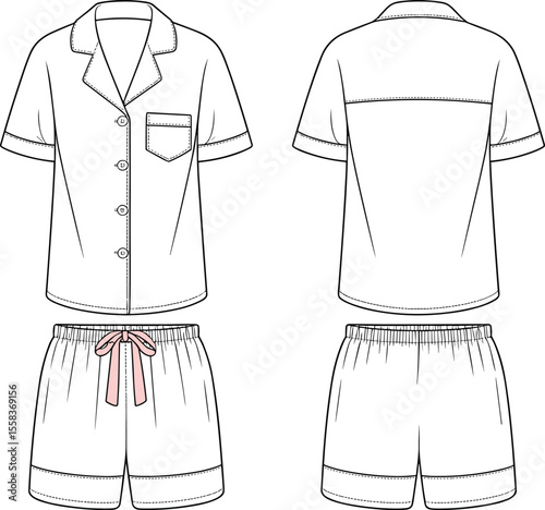 Women's Pajama Set: Technical fashion flat sketch, front and back views, short sleeve top and shorts, sleepwear design, loungewear template, comfortable attire