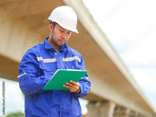 Inspector or engineer is inspecting construction and quality assurance new house using a blue print. Engineer or architects or contactor work to build the house before handing it over to the homeowner