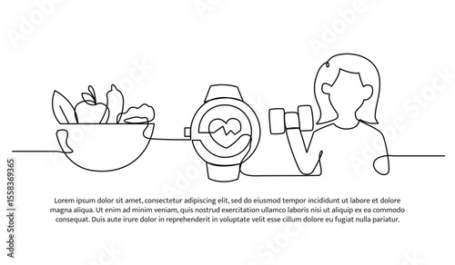 Continuous line design of healthy food during exercise time. Single line decorative element drawn on white.