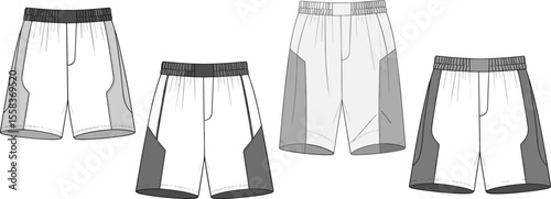 Athletic Shorts Collection: Technical fashion flat sketches, front and back views, panel detailing, sportswear design templates for active wear and training apparel