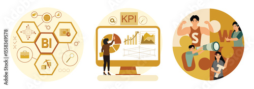 Business Intelligence Concept. Data and Key Performance Indicators. SWOT Analysis.