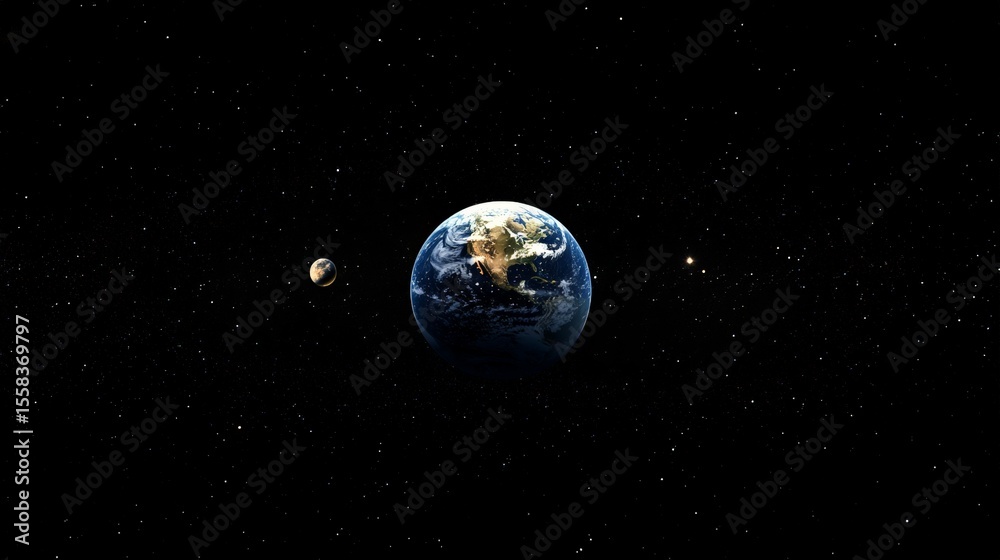 Fototapeta premium Rotating planet earth gliding through starry cosmos, lunar companion illuminating dark celestial expanse, revealing planetary beauty against infinite background