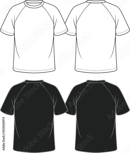 Raglan T-Shirt: Technical fashion flat sketch, front and back views, black and white versions, apparel design template for sportswear and casual wear