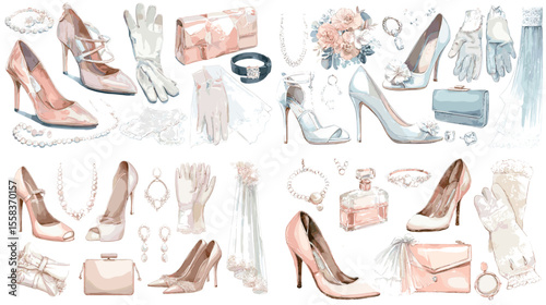 Elegant watercolor bridal fashion set with high heels, gloves, clutches, jewelry, and bouquets. Ideal for wedding invites, blogs, or event branding.

