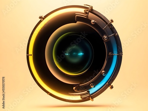 Abstract digital camera lens background with black, yellow and blue, a professional photographic equipment, optical focus and zoom technology. 
