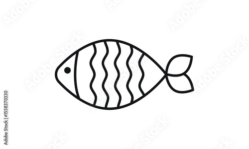 Fish icon with a black line on a white background. Minimalistic simple drawing of a sea, river fish. Scales, tail, head, swims, fishing with live bait, fishing, float, fishing rods, fisherman, fresh