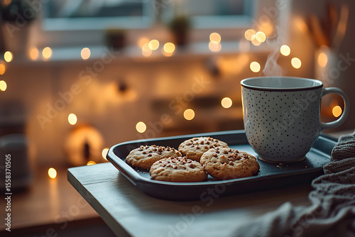 Cozy home interior with a garland of lights and a cup of aromatic cocoa with cookies on a tray. Christmas coziness. Generated by artificial intelligence