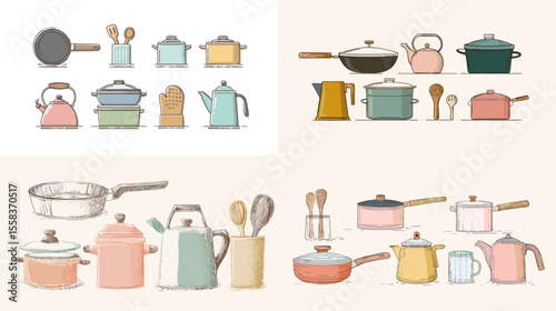 Charming kitchen utensil and cookware icon set in flat hand-drawn style, perfect for recipe books, food blogs, or culinary-themed projects.

