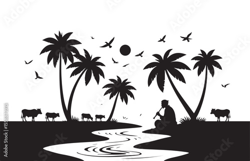 Silhouette illustration of a rural scene featuring palm trees, cows, and a flute player.
