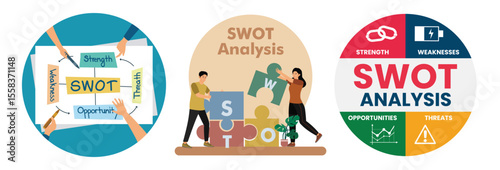 SWOT Marketing Branding Planning Strategy. Team Collaborating with Puzzle Pieces. SWOT Analysis.