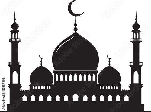 Black silhouette of mosque dome with crescent moon in flat vector PNG style, Islamic symbol for religion, faith, prayer, Ramadan, Eid, architecture, spirituality, culture, and tradition

