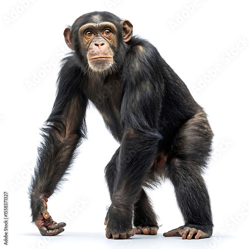 A chimpanzee is posing in a straightforward manner, isolated on a white background.