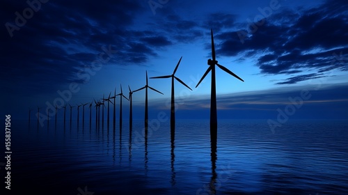 Offshore wind turbines at dusk, silhouetted against a dramatic, blue sky and calm sea, reflecting in the water