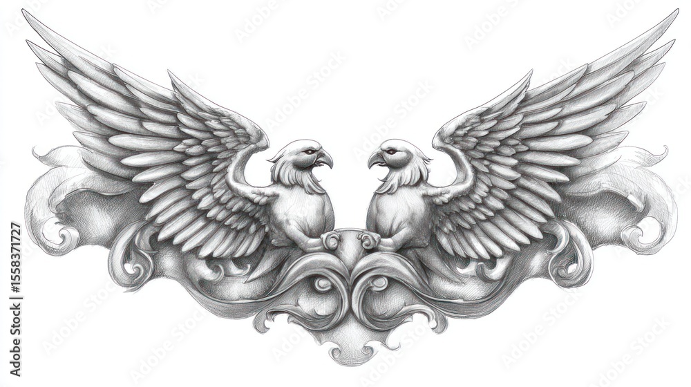 Obraz premium Elegant, symmetrical design of two birds with outstretched wings, positioned above a decorative scroll