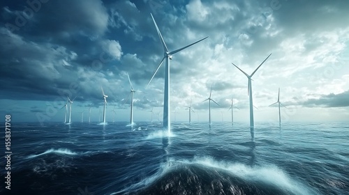 Offshore wind turbines generate clean energy amidst a dramatic, stormy sea