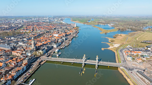 Aerial from the historical city Kampen at the river IJssel in the Netherlands