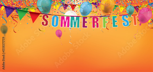 Sommerfest Banner mit buntem Konfetti und Luftballons