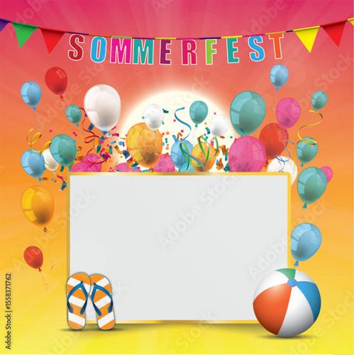 Sommerfest Banner mit buntem Konfetti und Luftballons