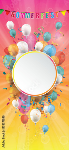 Sommerfest Cover mit buntem Konfetti und Luftballons