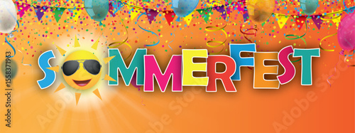 Sommerfest Banner mit buntem Konfetti und Luftballons