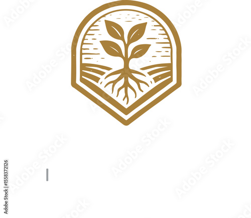 Rooted Shield Logo with Leaf and Farmland Symbolism