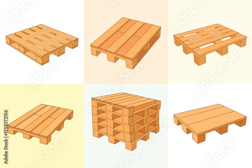 Six Different Views of Wooden Pallets for Shipping and Logistics