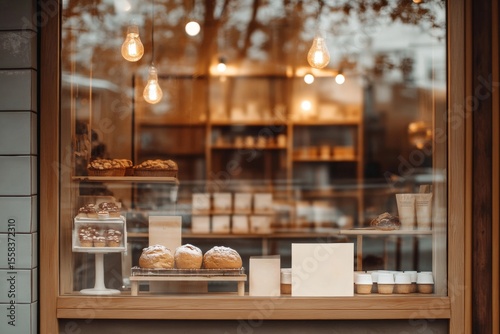 Cozy bakery cafe interior with pastry display for logo mockup