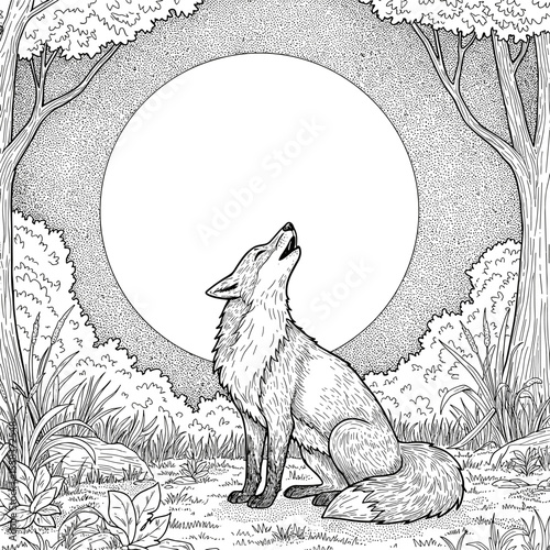 A lone wolf howls beneath a full moon, surrounded by trees and wild forest grass in a quiet nighttime scene.