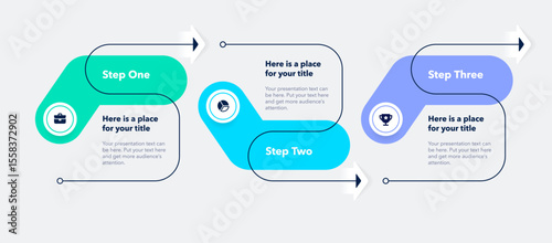 Horizontal process flow chart with three colorful steps and a place for your text. Simple infographic design with icons and curved thin line for workflow layout, banner or web design.