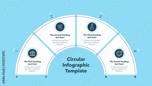 Circular infographic diagram divided into four stages - blue version. Flat design with minimalistic icons and place for your texts.