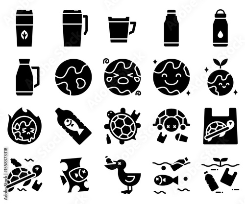 Zero plastic and environmental icon set. Solid style