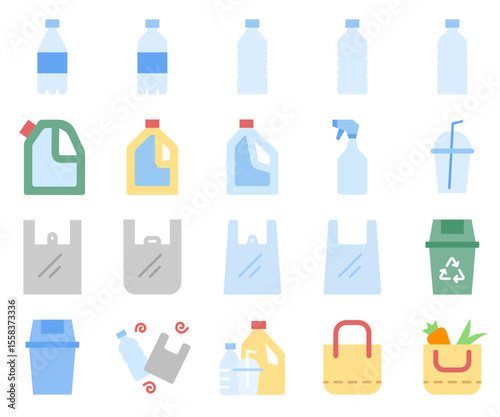 Zero plastic and environmental icon set. Flat color style