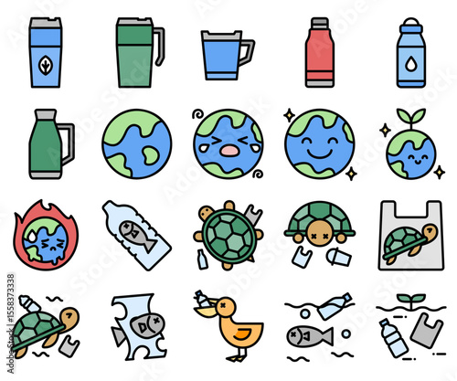 Zero plastic and environmental icon set. Line color outline style
