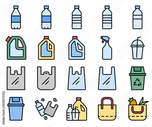 Zero plastic and environmental icon set. Line color outline style