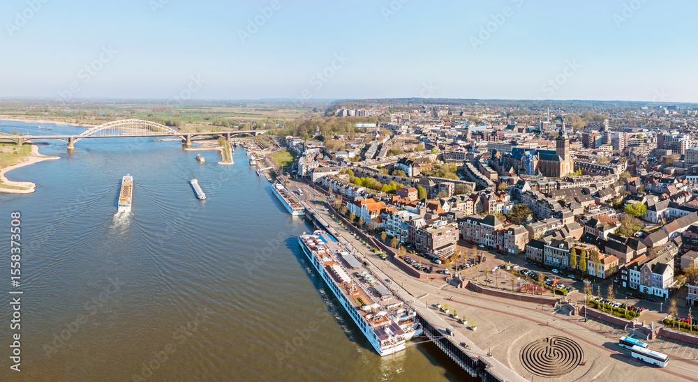 Fototapeta premium Aerial panorama from the historical city Nijmegen with the Stevens church in the Netherlands