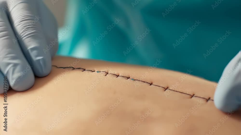 Skilled surgeon carefully removing surgical stitches from healing patient wound, demonstrating professional medical precision with sterile technique