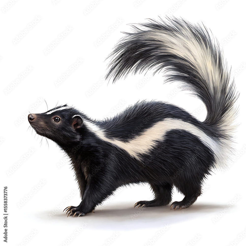 Naklejka premium A skunk is posing in a straightforward manner, isolated on a white background.