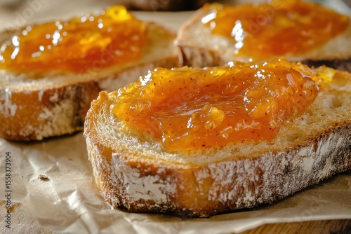 Freshly Toasted Bread Slices Topped with Sweet Honey and Apricot Jam Ready to Enjoy for Breakfast or Snack Time, Capturing Delicious Flavor and Comfort Food