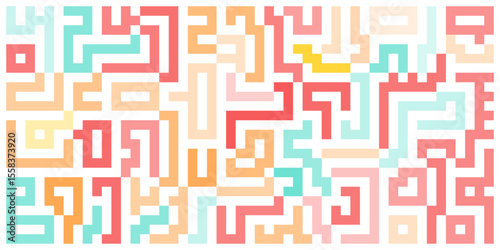 Abstract maze pattern with colorful geometric blocks. Playful, modern, and vibrant design perfect for backgrounds, textiles, or digital decoration.