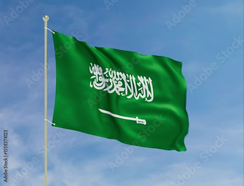 Flag of Saudi Arabia Waving Proudly on a Flagpole. 3D Animation of Saudi flag. Seamless Loop with Matte.