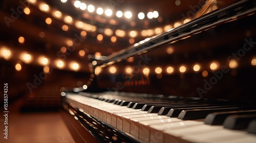 Grand piano with open lid and soft focus black and white keys under warm stage lighting in an elegant concert hall, capturing classical music ambiance and performance atmosphere.

