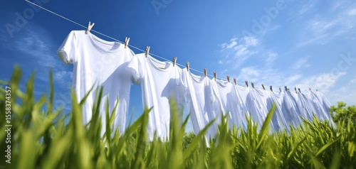 The hanging white shirts drying in the warm summer sunshine on a clothesline.