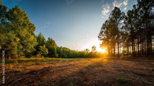 A wide-angle view of a forest clearing at golden hour, digitally masked with a clean white background or empty area in the center for product placement or advertising mockups