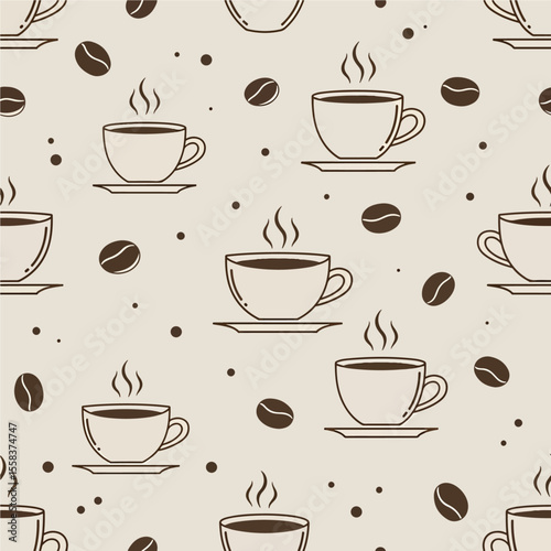 An elegant, minimalist seamless pattern features clean line art of steaming coffee cups and coffee beans on a light beige background. Vector Patterns