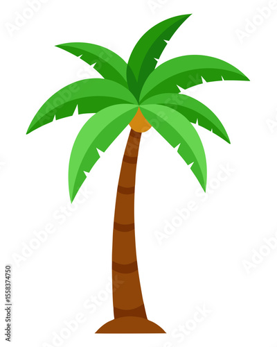 Stylized cartoon palm tree with green fronds and brown trunk on white background