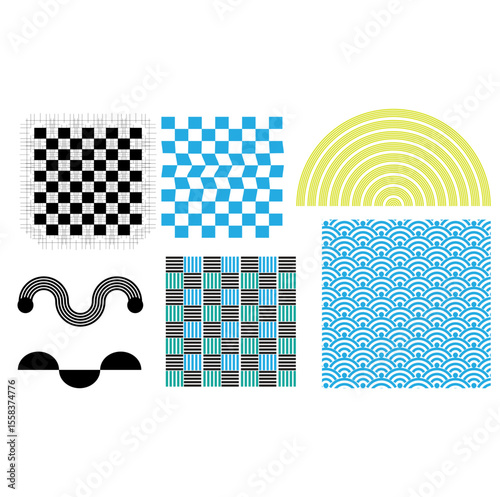 A seamless retro geometric pattern set with dots and colorful abstract vector shapes perfect for vintage textile decoration or wallpaper design