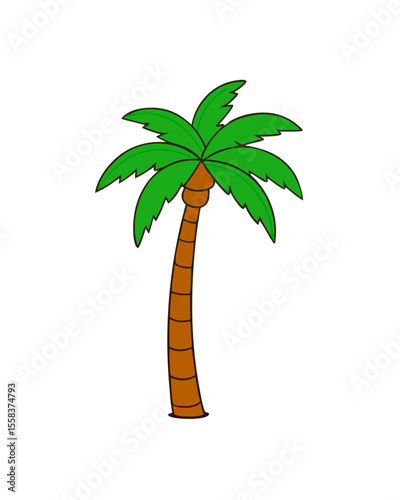 Cartoon palm tree with green leaves and brown trunk on black background