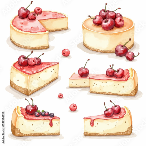 Watercolor Cherry Cheesecakes: A Delicious Assortment of Sweet Treats.